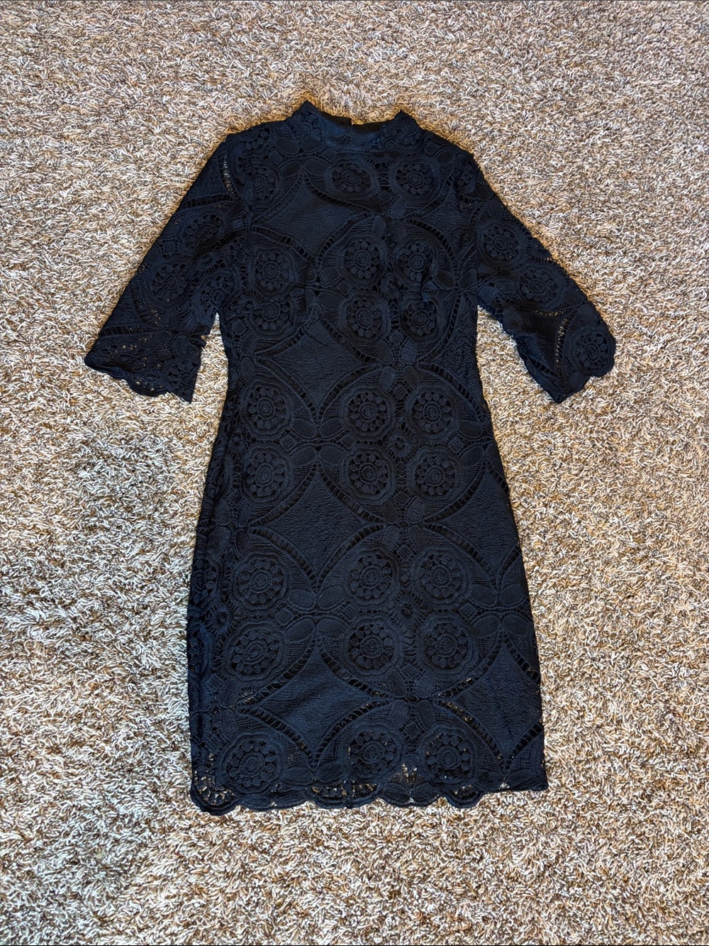 Black Lace Midi Dress with Floral Crochet Overlay